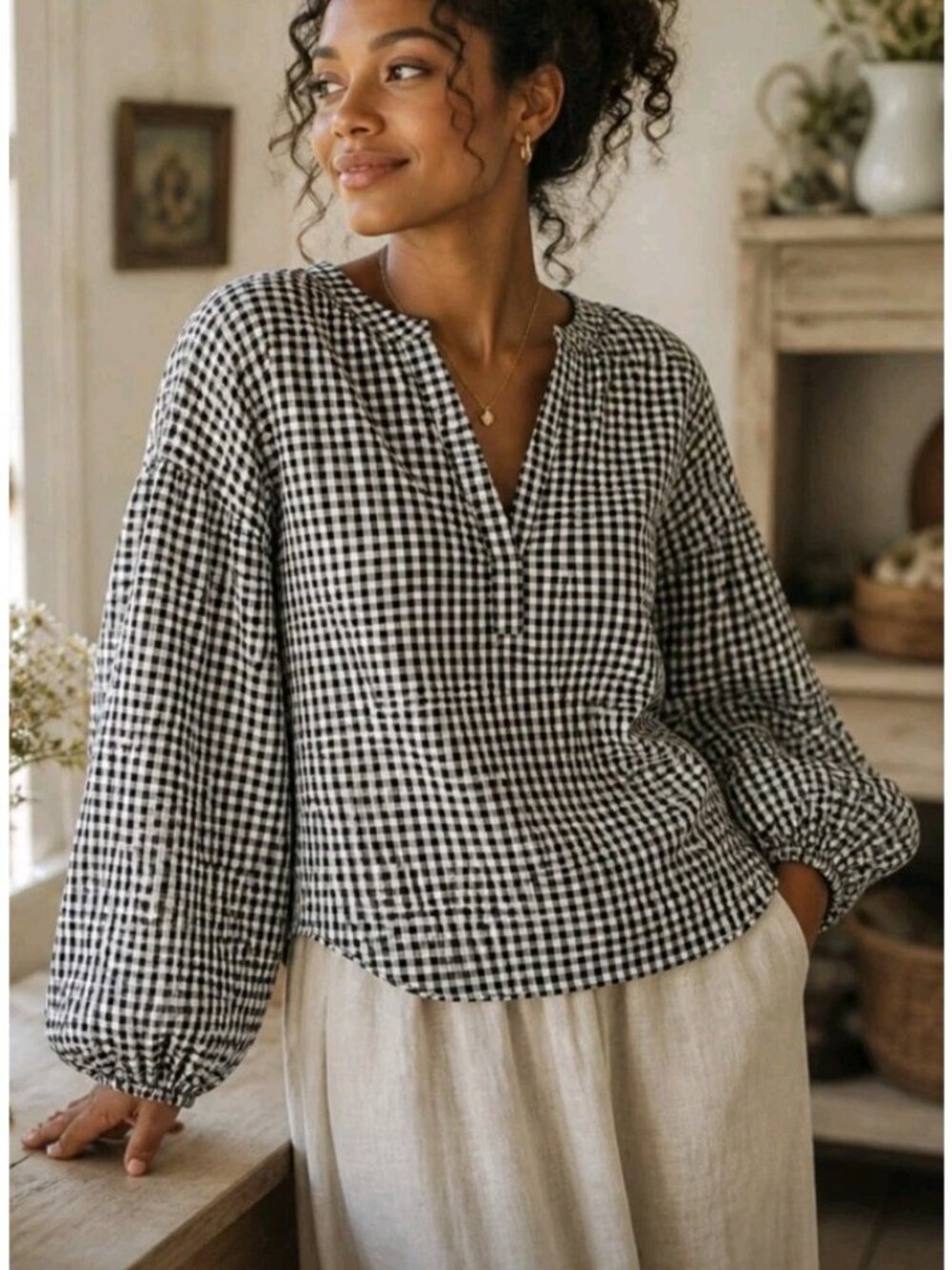 Womens Gingham Blouse Boho Pullover Puff Sleeve Oversized Prairie Cottagecore L